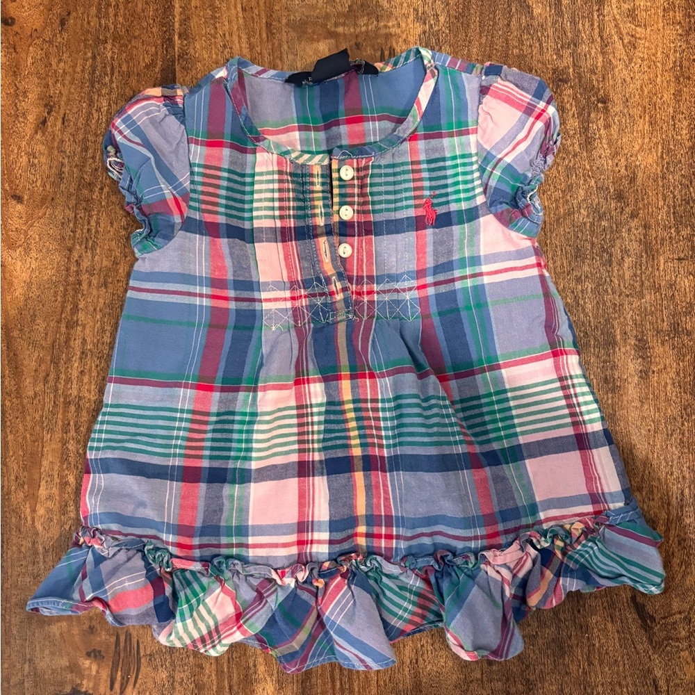 Ralph Lauren Girls Plaid Ruffle Hem Short Sleeve Top - Blue Pink Green